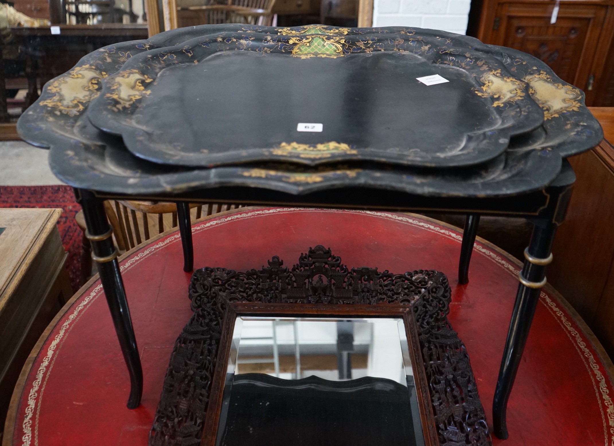 A graduated pair of Victorian papier mache trays, width 78cm, depth 60cm, height 50cm together with a later stand